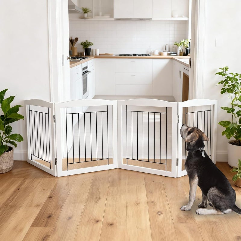 ZJSF Freestanding Foldable Dog Gate for House Extra Wide Wooden White Indoor Puppy Gate Stairs Dog Gates Doorways Tall Pet Gate 4 Panels Fence - Image 2